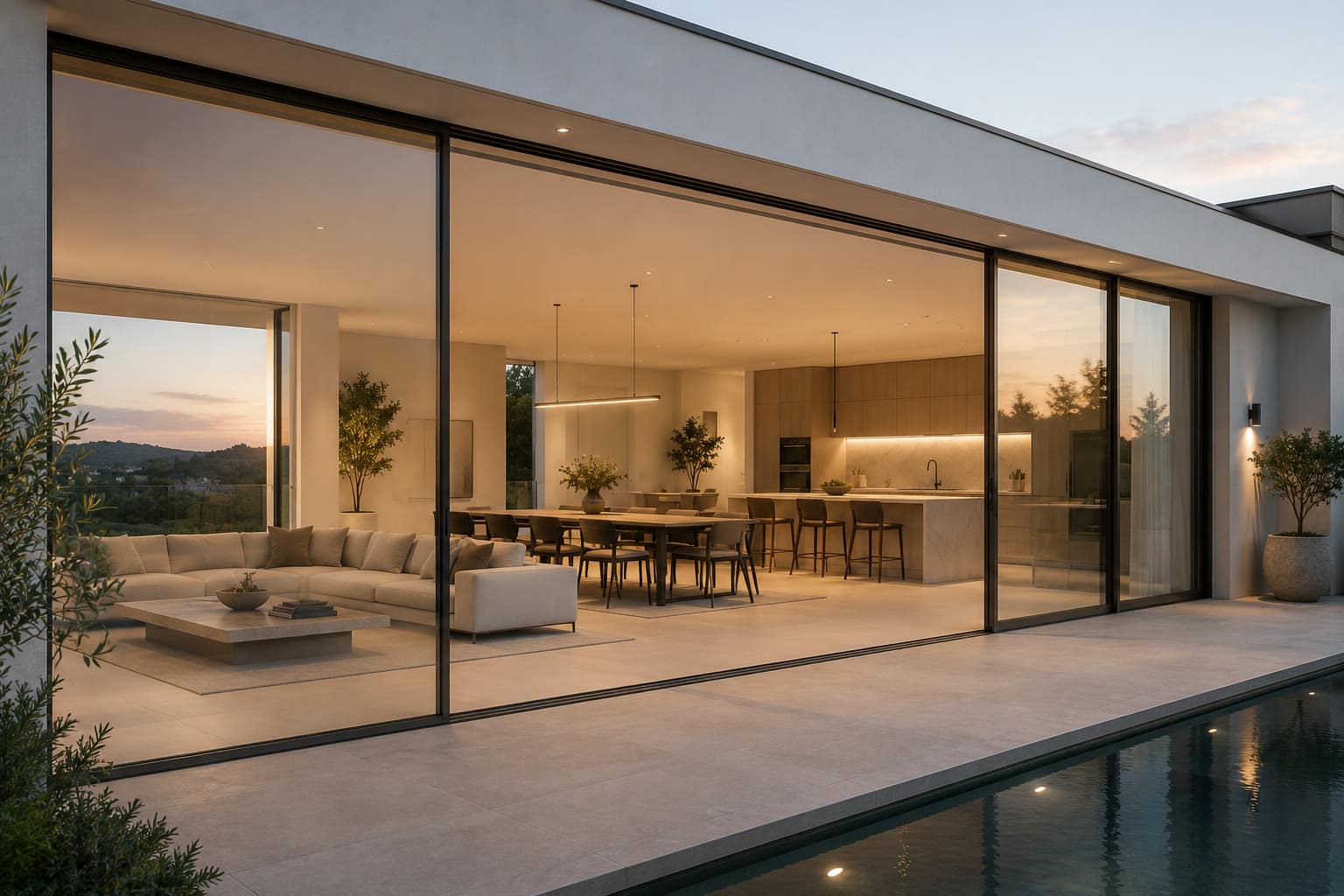 Slim-framed sliding glass doors opening onto a hillside terrace